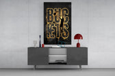 gold basketball typography with a jump-shot silhouette glass wall art displayed above a console in a designer interior