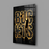gold basketball typography with a jump-shot silhouette glass wall art angled to show the polished tempered glass panel