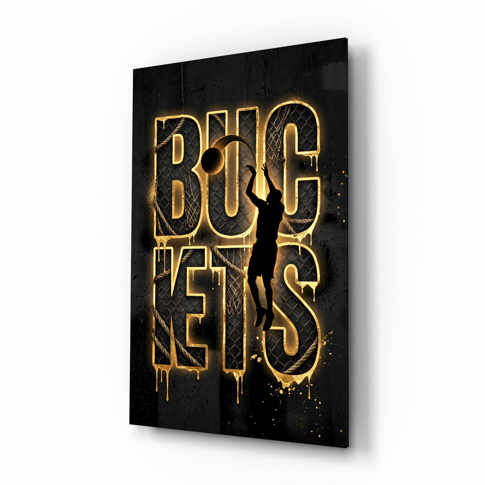 Buckets Gold Basketball Typography Glass Wall Art - Lifestyle preview in a designer interior