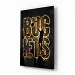 Buckets Gold Basketball Typography Glass Wall Art - Lifestyle preview in a designer interior