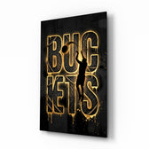 Buckets Gold Basketball Typography Glass Wall Art - Lifestyle preview in a designer interior