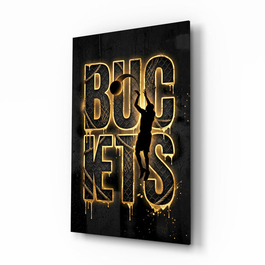 Buckets Gold Basketball Typography Glass Wall Art - Lifestyle preview in a designer interior
