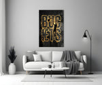gold basketball typography with a jump-shot silhouette panel bringing character to a minimalist living room wall