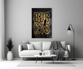 gold basketball typography with a jump-shot silhouette panel bringing character to a minimalist living room wall