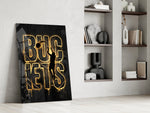 gold basketball typography with a jump-shot silhouette panel resting in a shelving niche in a modern interior