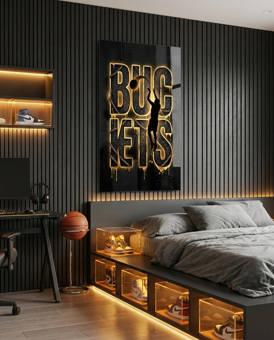 Buckets Gold Basketball Typography Glass Wall Art