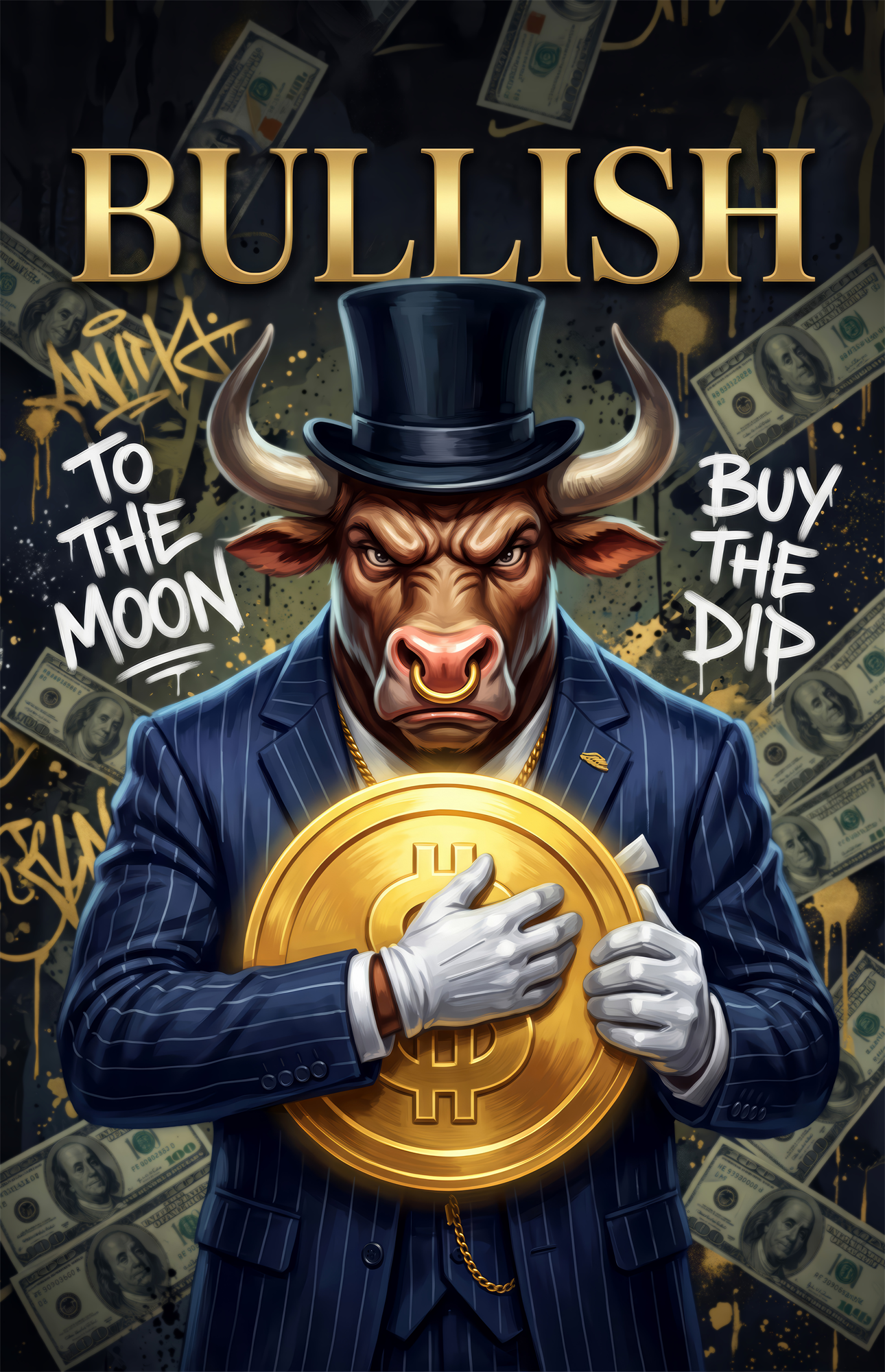 Bullish Gold Coin Bull in Suit Glass Wall Art