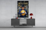 a suited bull holding a gold dollar coin glass wall art displayed above a console in a designer interior