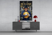 a suited bull holding a gold dollar coin glass wall art displayed above a console in a designer interior