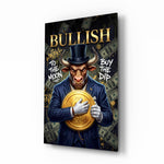 Bullish Gold Coin Bull in Suit Glass Wall Art - Lifestyle preview in a designer interior