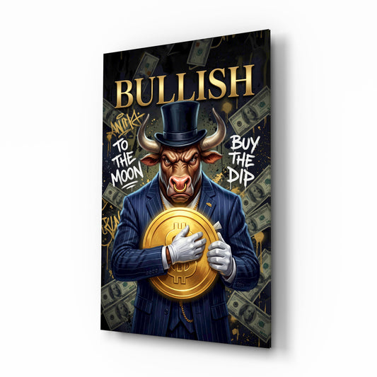 Bullish Gold Coin Bull in Suit Glass Wall Art - Lifestyle preview in a designer interior