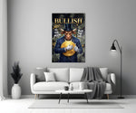 a suited bull holding a gold dollar coin panel bringing character to a minimalist living room wall