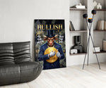 a suited bull holding a gold dollar coin glass wall art leaning beside a dark leather sofa