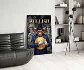 a suited bull holding a gold dollar coin glass wall art leaning beside a dark leather sofa