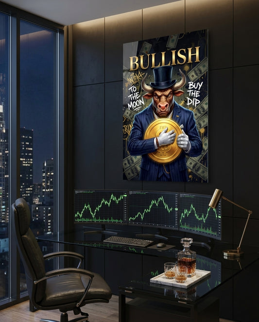 Bullish Gold Coin Bull in Suit Glass Wall Art