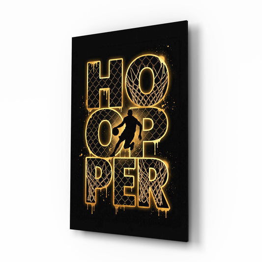 Hooper Gold Basketball Typography Glass Wall Art - Lifestyle preview in a designer interior