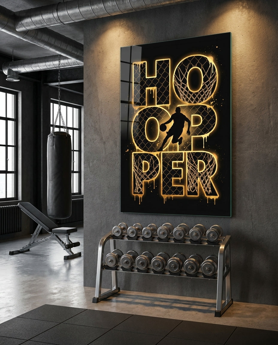 Hooper Gold Basketball Typography Glass Wall Art