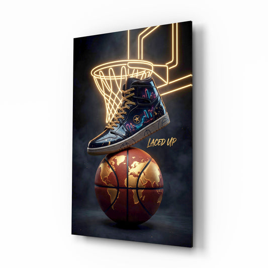 Laced Up Sneaker Neon Hoop Glass Wall Art - Lifestyle preview in a designer interior