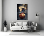 a high-top sneaker over a golden globe basketball panel bringing character to a minimalist living room wall