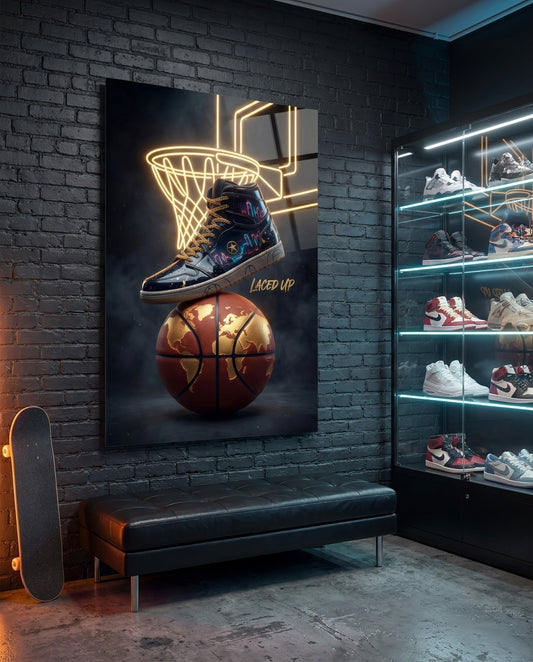 Laced Up Sneaker Neon Hoop Glass Wall Art