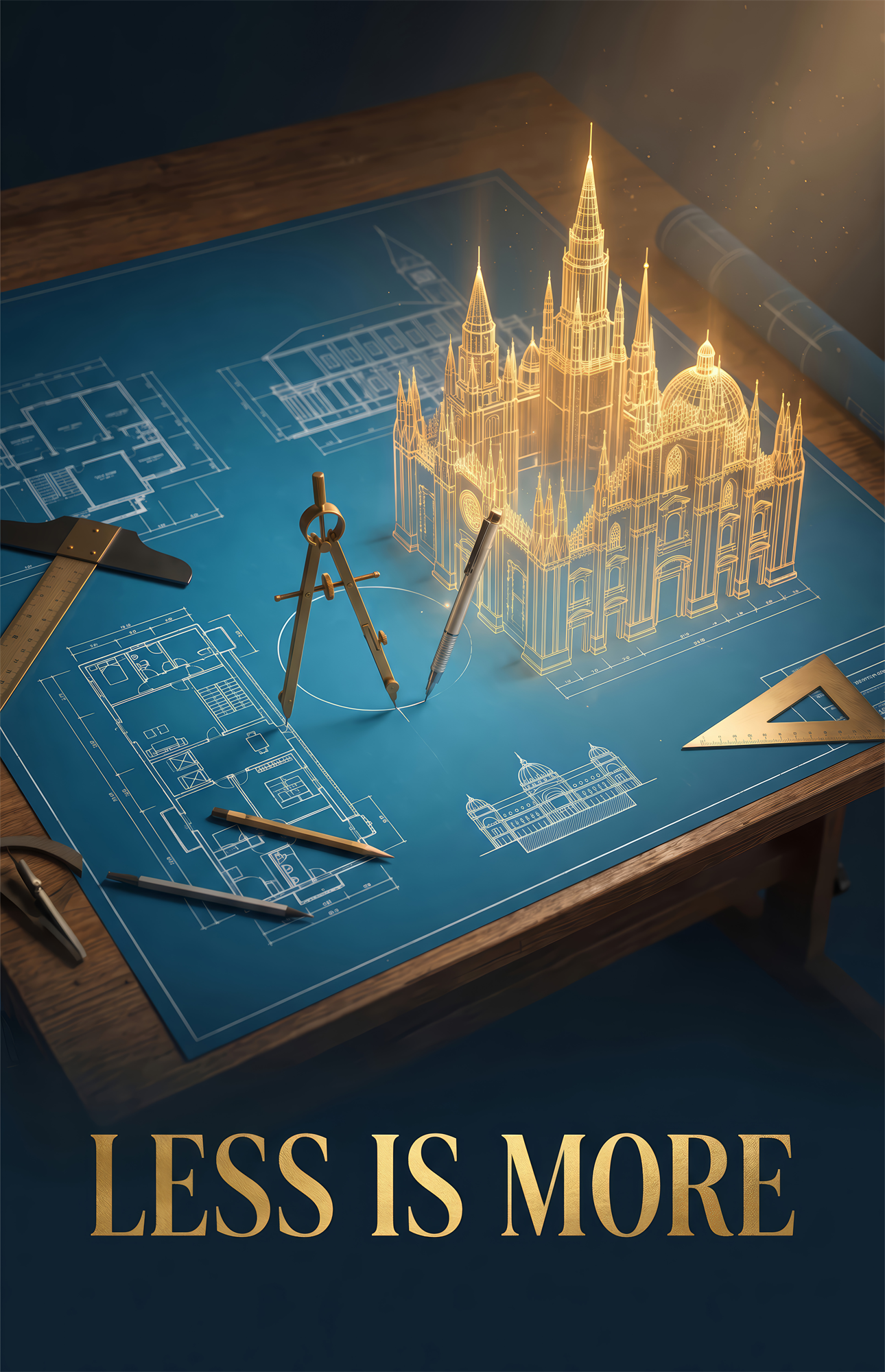 Less Is More Golden Blueprint Glass Wall Art