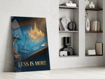 a golden cathedral rising from an architect's blueprint panel resting in a shelving niche in a modern interior