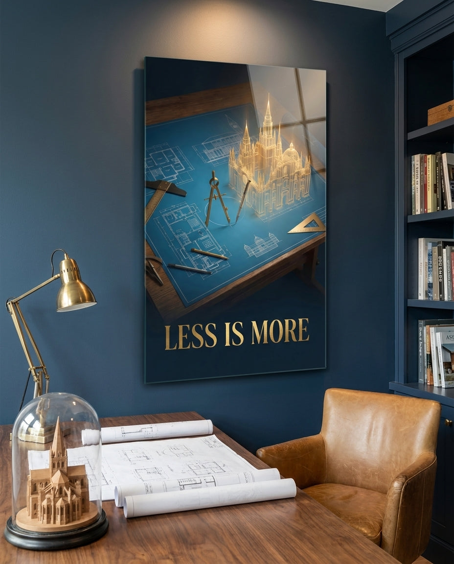 Less Is More Golden Blueprint Glass Wall Art