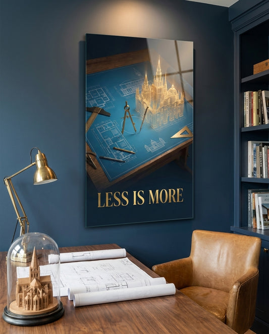 Less Is More Golden Blueprint Glass Wall Art