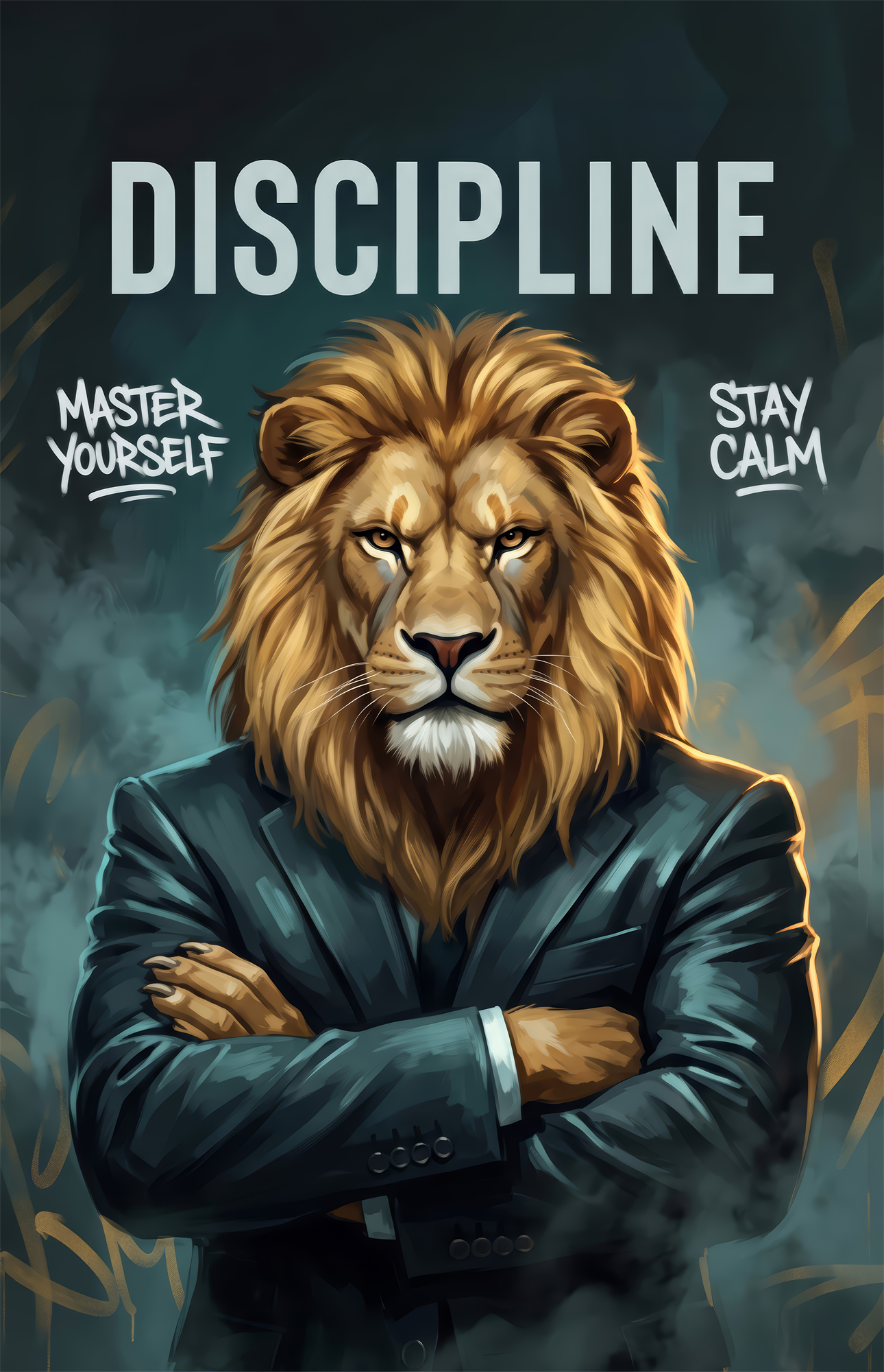 Discipline Lion in Suit Motivational Glass Wall Art