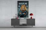 a stern lion in a suit with arms crossed glass wall art displayed above a console in a designer interior