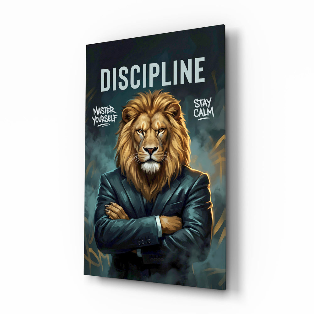 Discipline Lion in Suit Motivational Glass Wall Art - Lifestyle preview in a designer interior