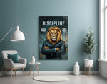 a stern lion in a suit with arms crossed glass wall art styled above an armchair in a reading corner