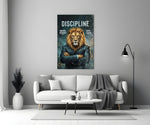 a stern lion in a suit with arms crossed panel bringing character to a minimalist living room wall