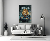 a stern lion in a suit with arms crossed panel bringing character to a minimalist living room wall