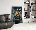 a stern lion in a suit with arms crossed glass wall art leaning beside a dark leather sofa