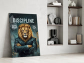 a stern lion in a suit with arms crossed panel resting in a shelving niche in a modern interior