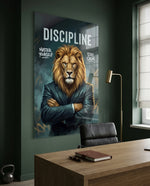 Discipline Lion in Suit Motivational Glass Wall Art