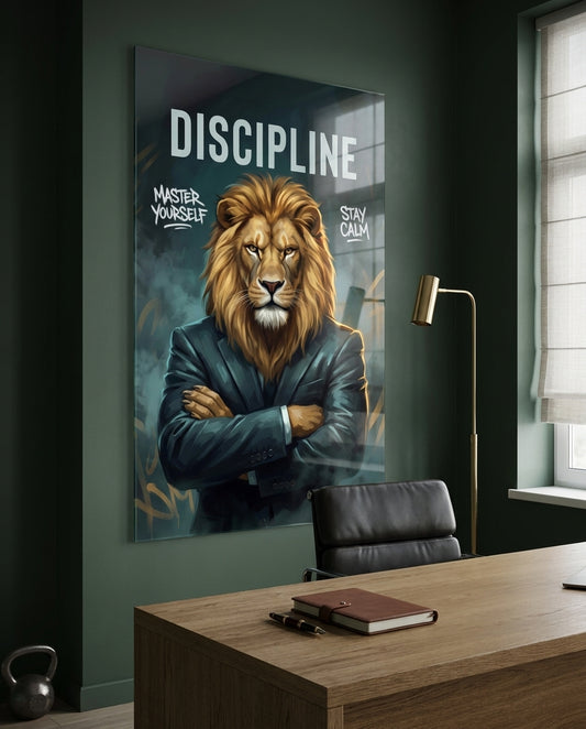 Discipline Lion in Suit Motivational Glass Wall Art