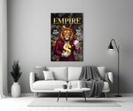 a crowned lion in a red suit holding a gold dollar sign panel bringing character to a minimalist living room wall
