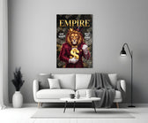 a crowned lion in a red suit holding a gold dollar sign panel bringing character to a minimalist living room wall