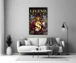 a golden dragon in a suit holding a gold dollar sign panel bringing character to a minimalist living room wall