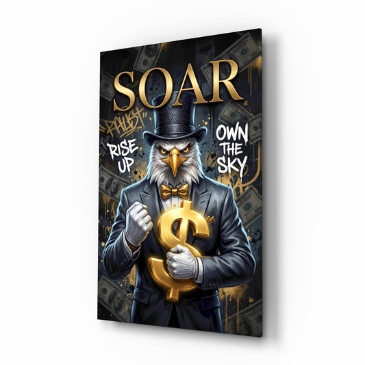 Soar Suited Eagle Gold Dollar Glass Wall Art - Lifestyle preview in a designer interior