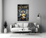 suited bald eagle holding a gold dollar sign panel bringing character to a minimalist living room wall