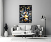 suited bald eagle holding a gold dollar sign panel bringing character to a minimalist living room wall