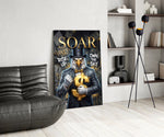suited bald eagle holding a gold dollar sign glass wall art leaning beside a dark leather sofa