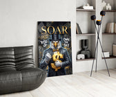 suited bald eagle holding a gold dollar sign glass wall art leaning beside a dark leather sofa