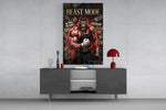 muscular gorilla roaring in a gym glass wall art displayed above a console in a designer interior