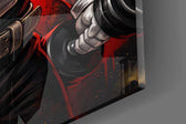Close-up detail of the clenched fists and weightlifting belt on the glass surface