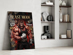 muscular gorilla roaring in a gym panel resting in a shelving niche in a modern interior