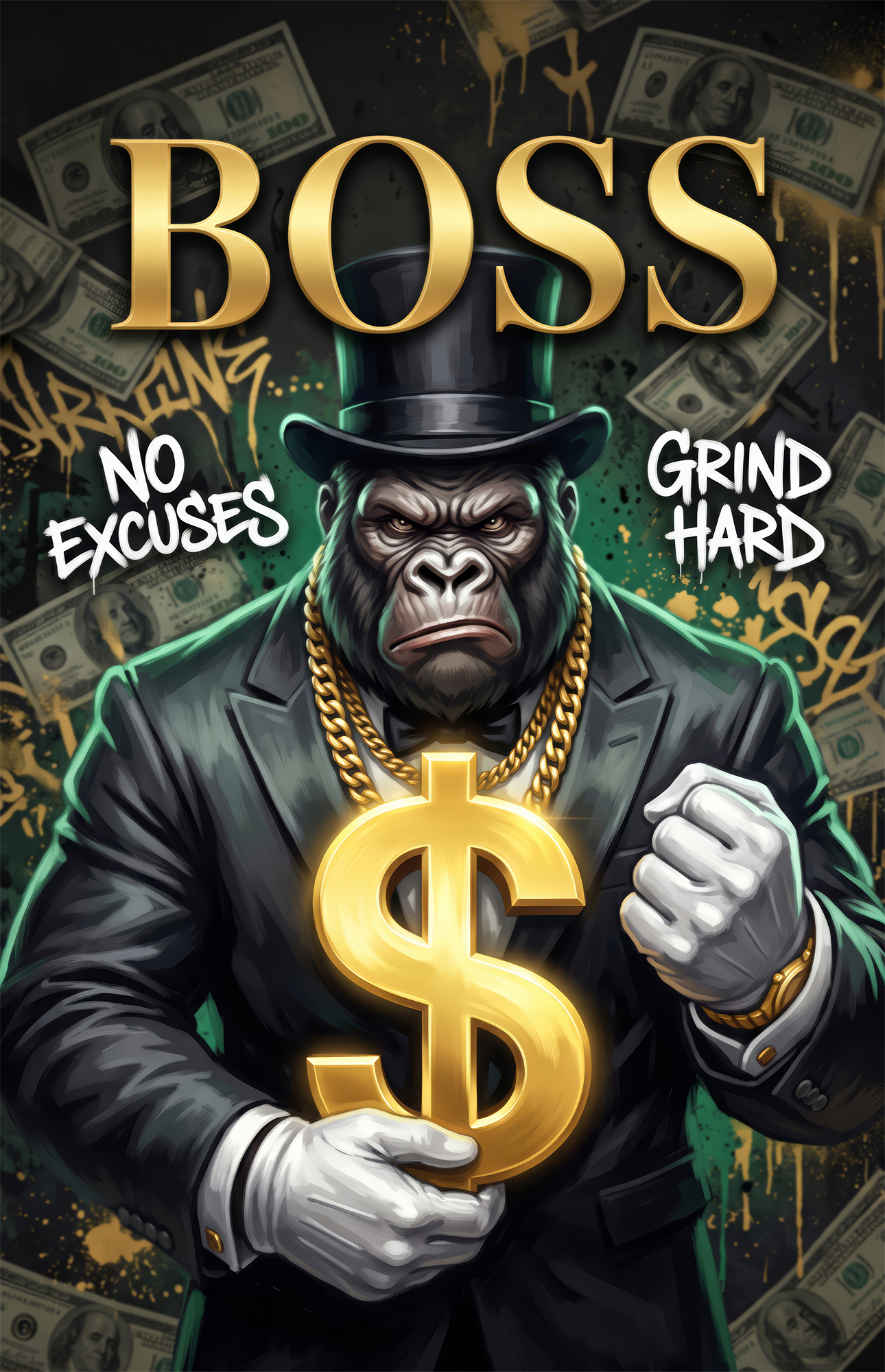 Boss Suited Gorilla Gold Dollar Glass Wall Art